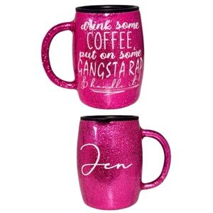 14oz Custom Pink Glitter Stainless Coffee Mug Tumbler Cup “Jen” + “Gangster Rap”
